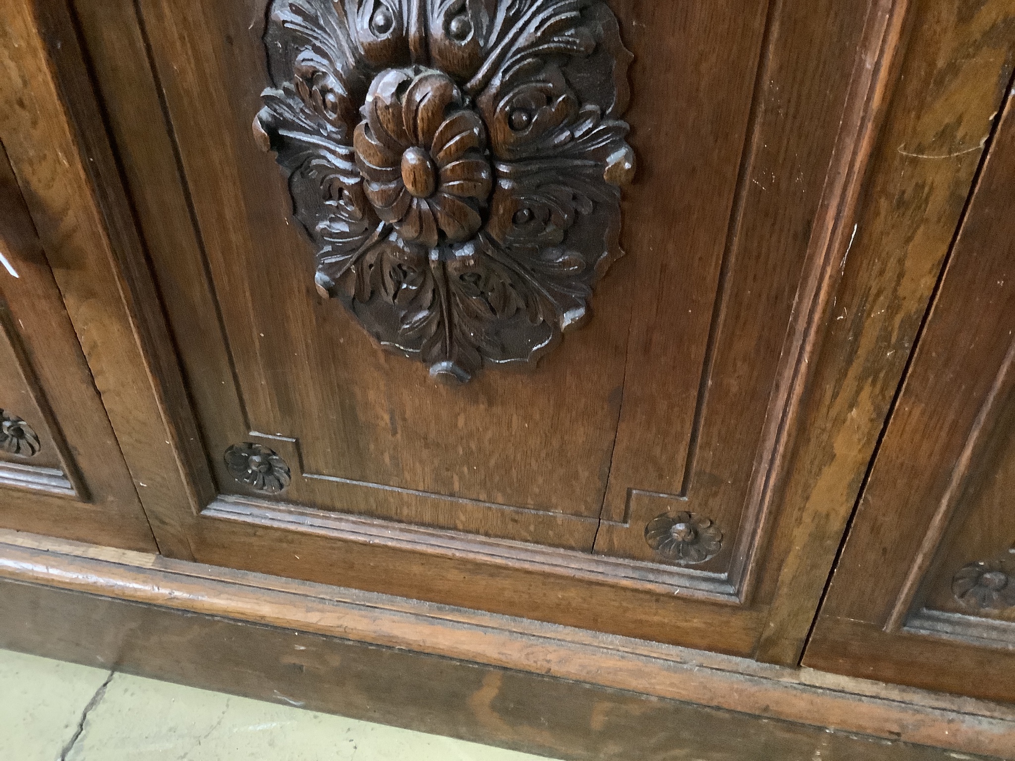 A Victorian oak side cabinet, length 150cm, depth 62cm, height 130cm